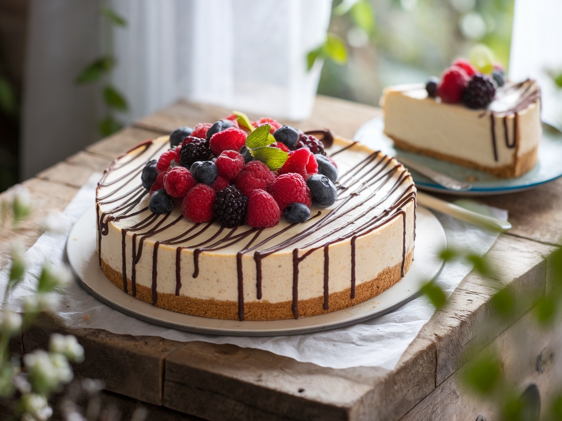 A creamy no bake cheesecake with fresh berries and chocolate syrup on a wooden table.